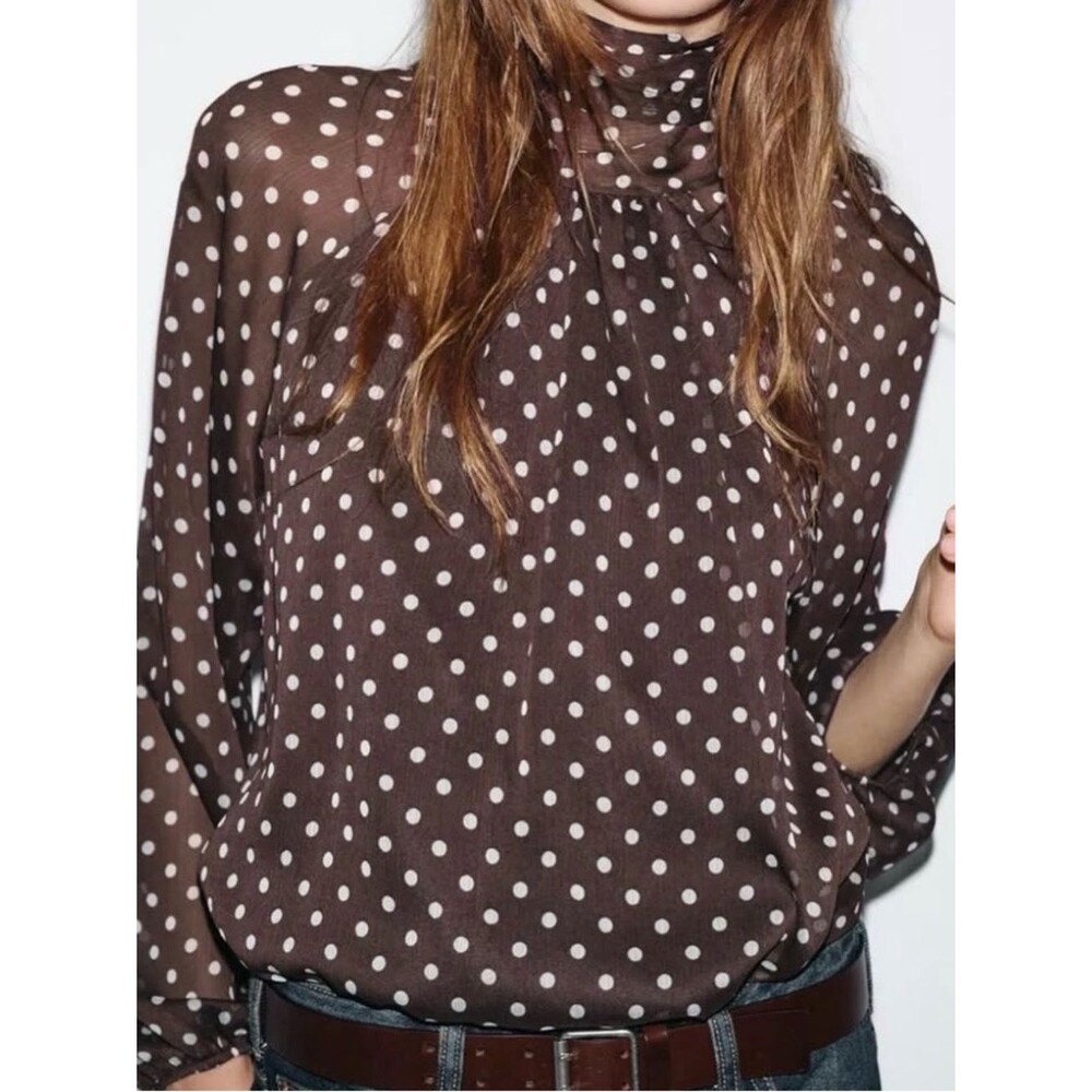 ZARA Long Sleeve Brown Polka Dot Bow Neck Flowy Blouse Lined Top. XL. NEW. - Picture 2 of 10